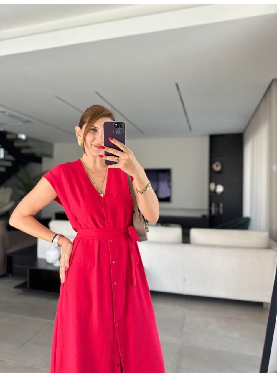 Kadınn V Yaka Düğme Detay Kuşak Dahil Elbise