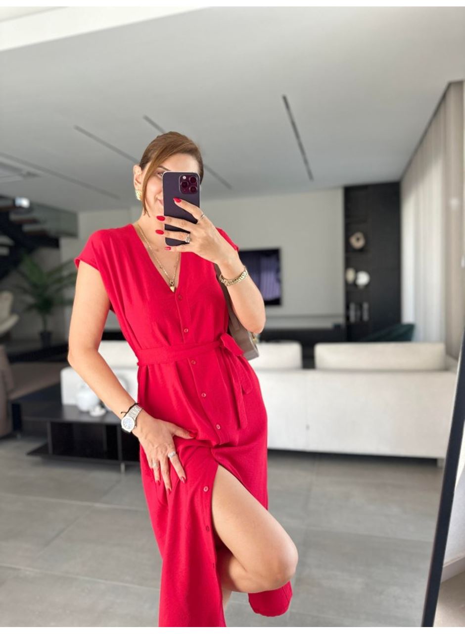 Kadınn V Yaka Düğme Detay Kuşak Dahil Elbise