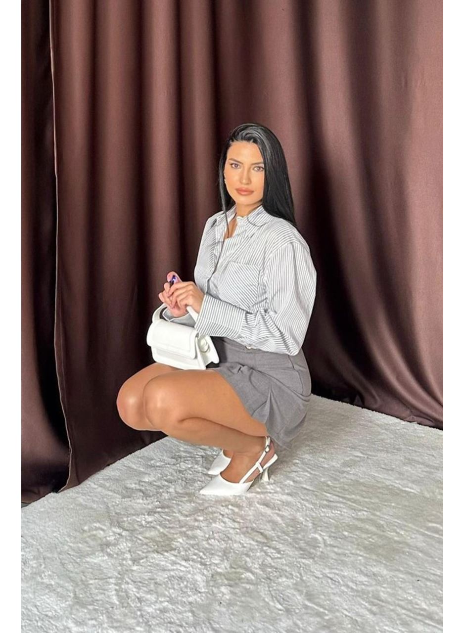 Füme Düğme Detaylı Pileli Etek