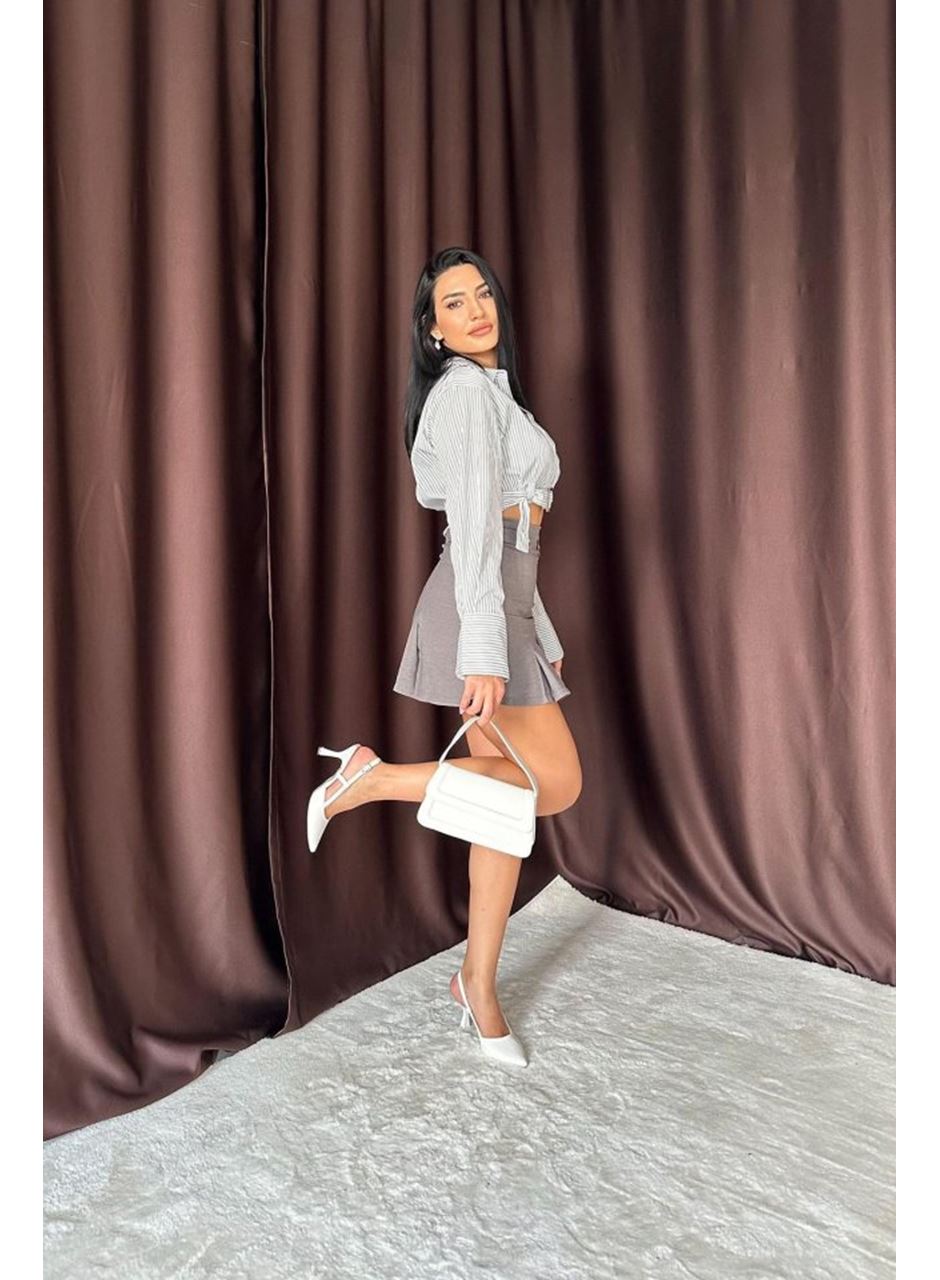 Füme Düğme Detaylı Pileli Etek