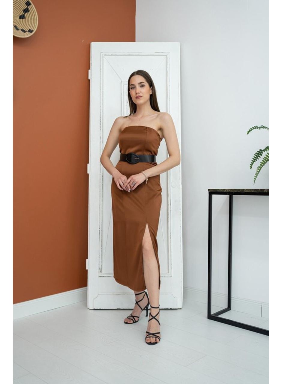 Kahverengi Straplez Saten Elbise