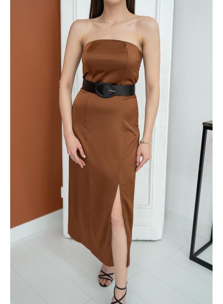 Kahverengi Straplez Saten Elbise