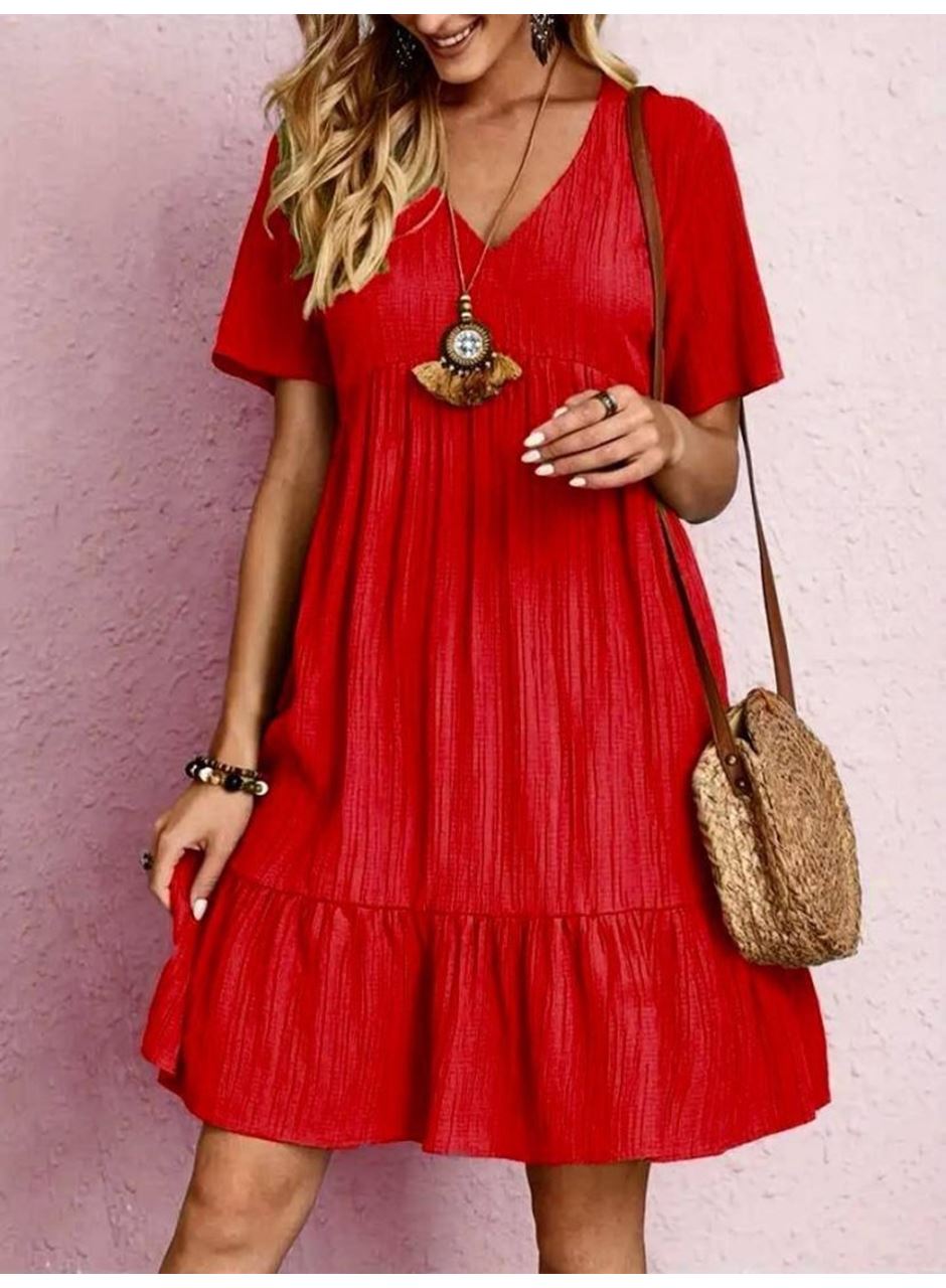 Kadın V Yaka, Fırfırlı Bürümcük Kumaş Elbise