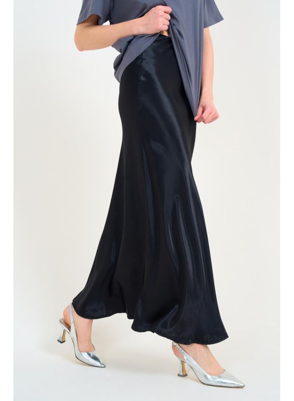 Düz Uzun Saten Etek - Siyah