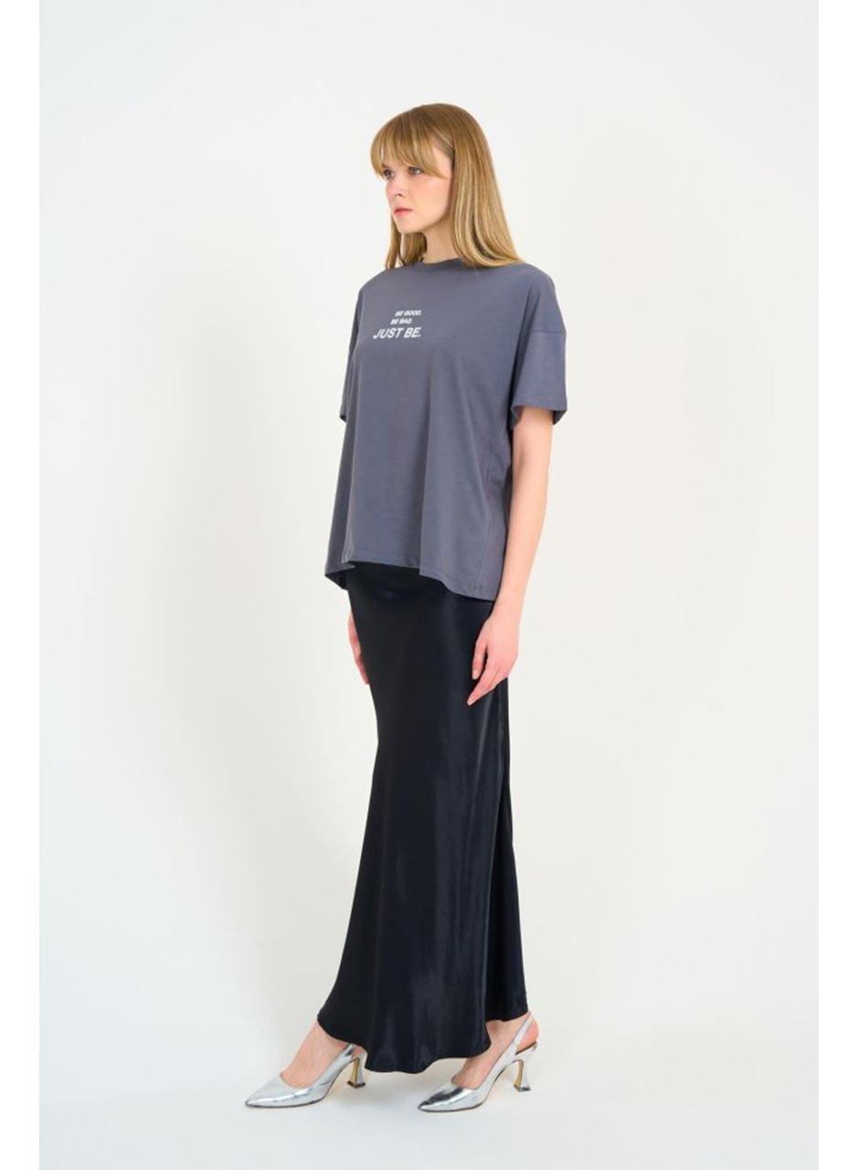 Düz Uzun Saten Etek - Siyah