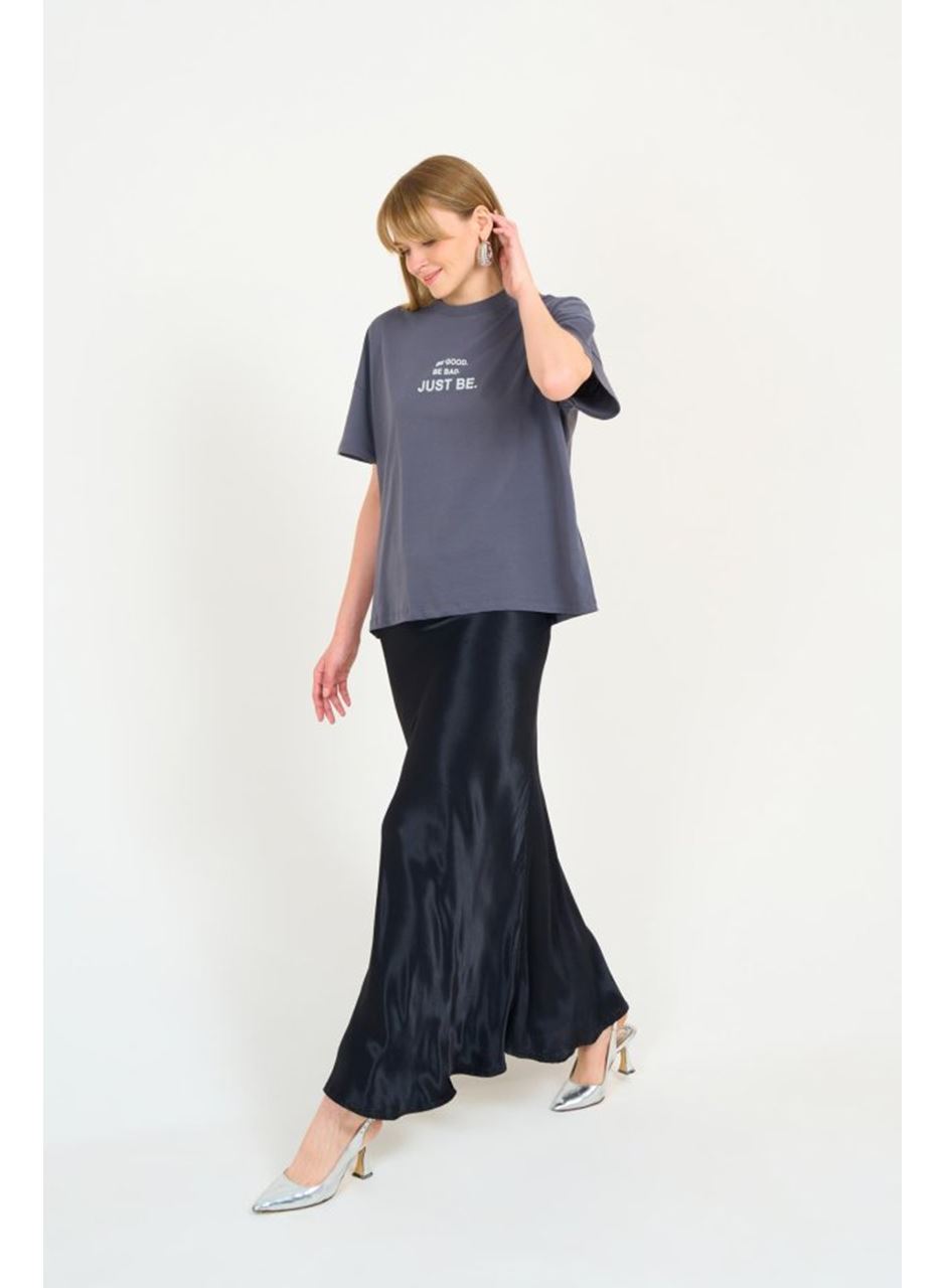 Düz Uzun Saten Etek - Siyah