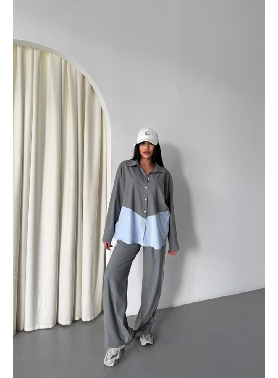 POLYVİSKON - POPLİN PARÇALI GÖMLEK PANTOLON TAKIM - Gri