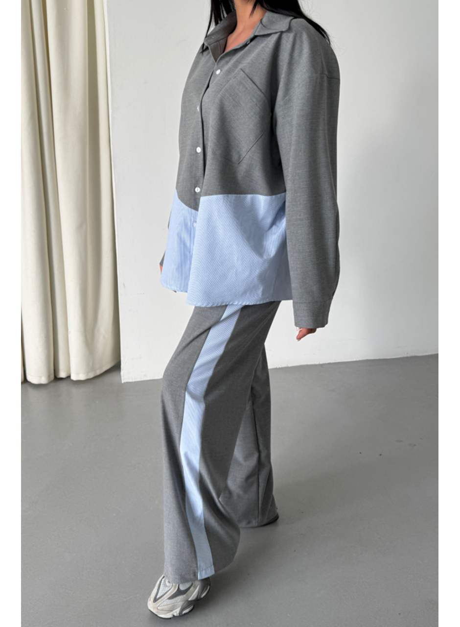 POLYVİSKON - POPLİN PARÇALI GÖMLEK PANTOLON TAKIM - Gri