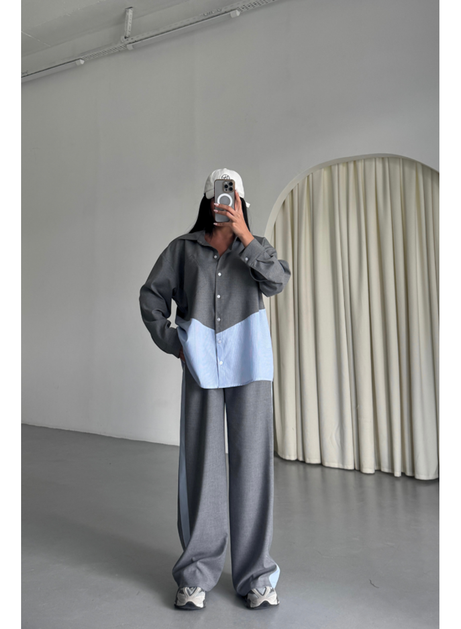 POLYVİSKON - POPLİN PARÇALI GÖMLEK PANTOLON TAKIM - Gri