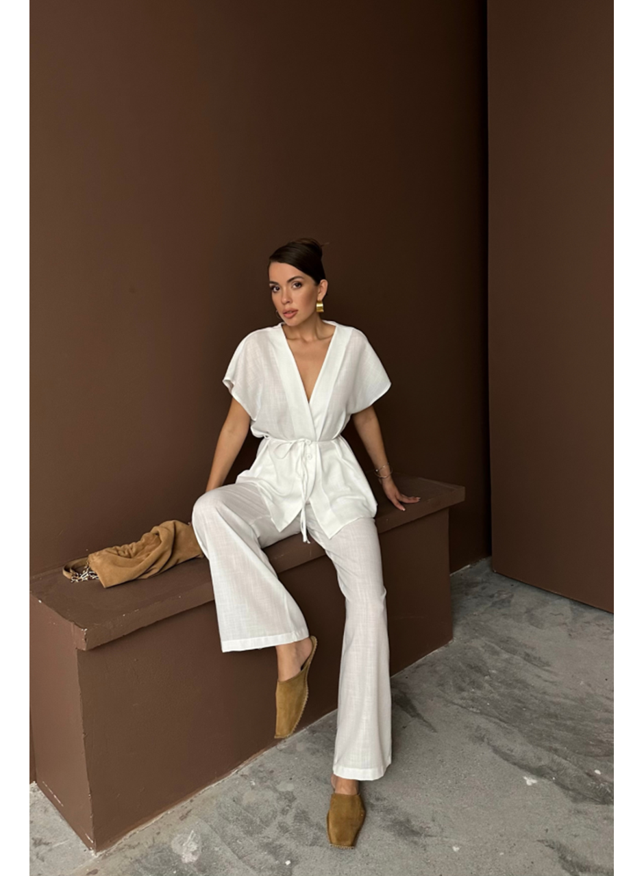 KETEN V YAKA BELDEN BAĞLAMALI BLUZ-PANTOLON TAKIM - Beyaz