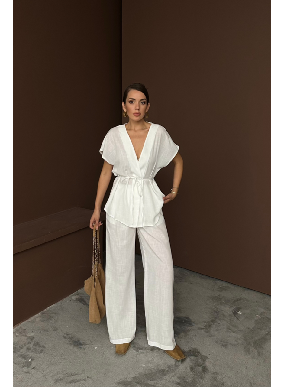 KETEN V YAKA BELDEN BAĞLAMALI BLUZ-PANTOLON TAKIM - Beyaz