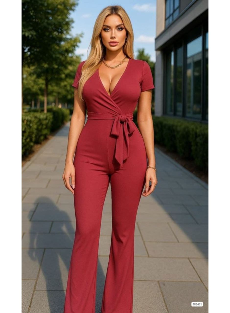 Kadın Kruvaze Yaka Kısa Kollu Kuşaklı Tulum