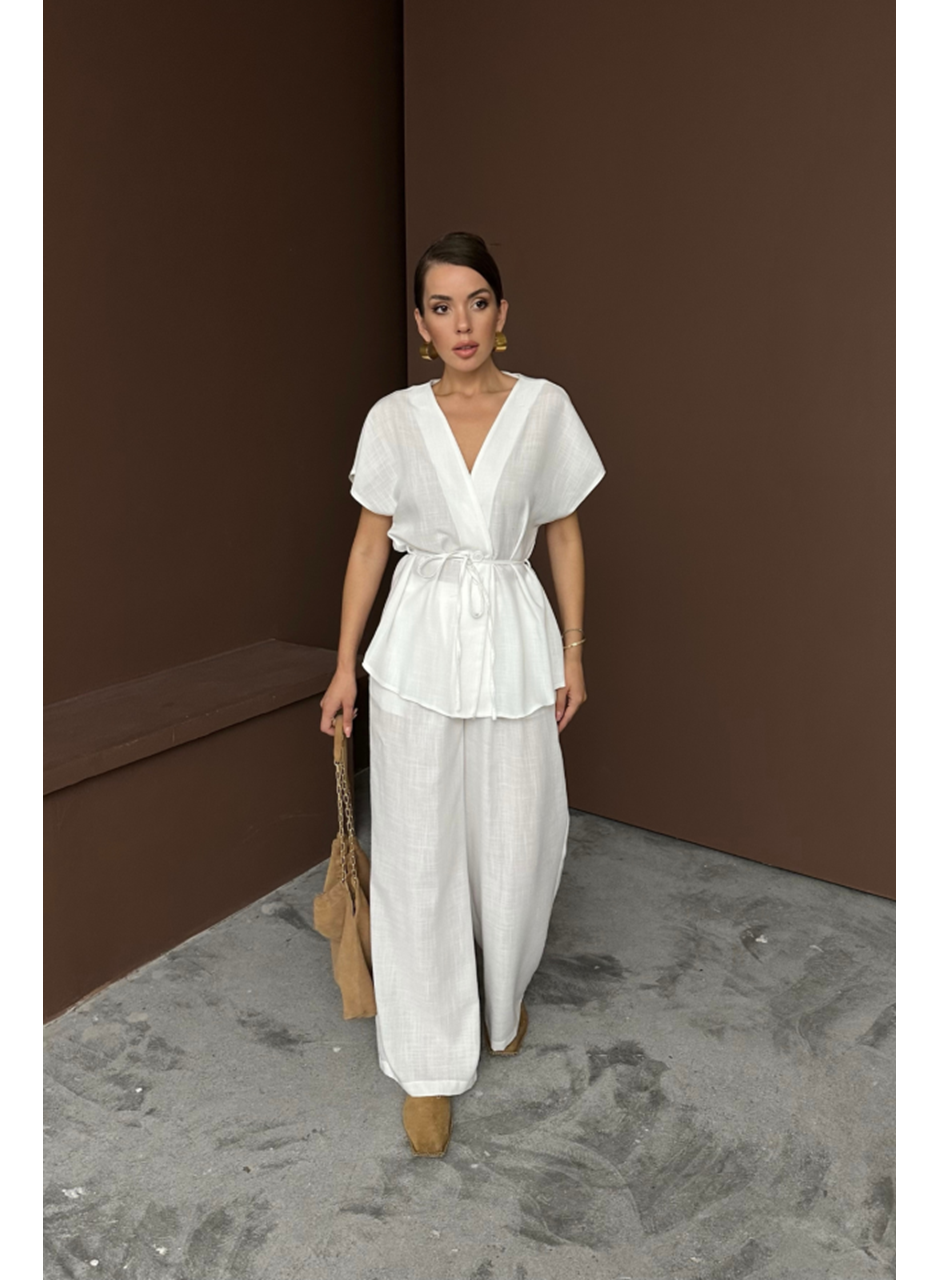 KETEN V YAKA BELDEN BAĞLAMALI BLUZ-PANTOLON TAKIM - Beyaz