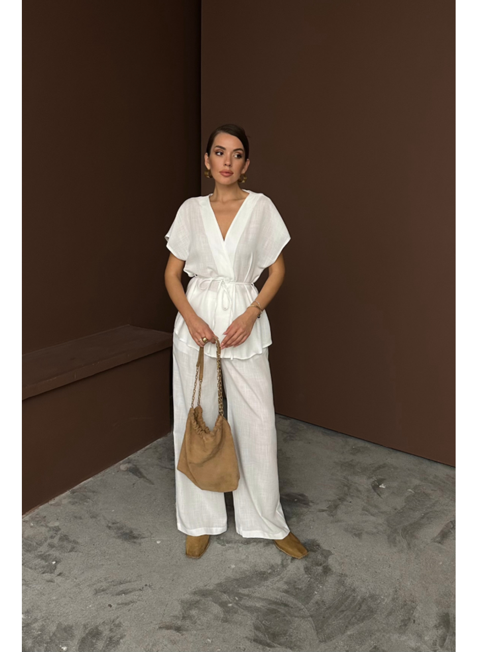 KETEN V YAKA BELDEN BAĞLAMALI BLUZ-PANTOLON TAKIM - Beyaz