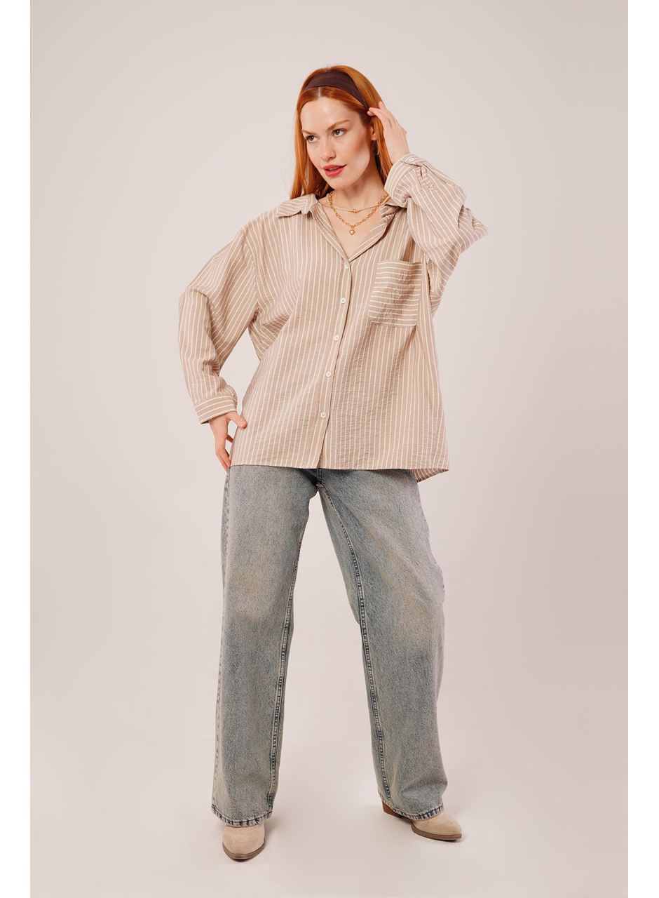 Çizgi Detaylı Cepli Camel Gömlek