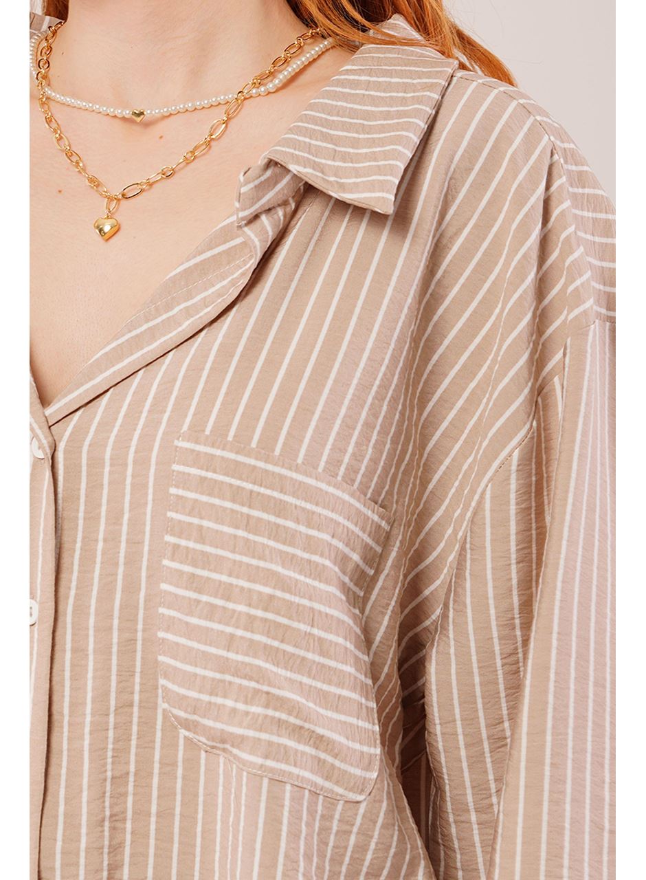 Çizgi Detaylı Cepli Camel Gömlek