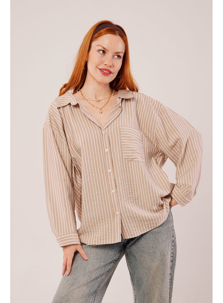 Çizgi Detaylı Cepli Camel Gömlek
