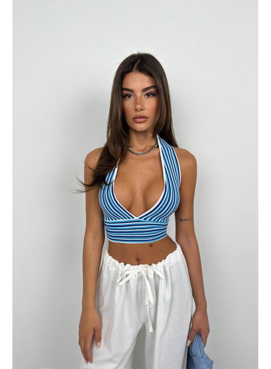 Çizgili Boyun Bağlamalı Crop