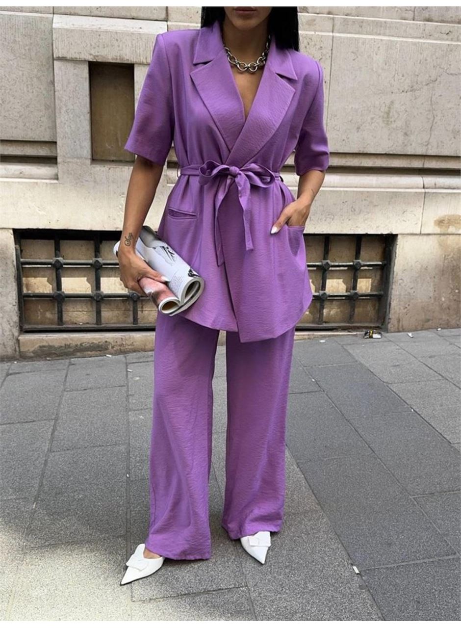 KISA KOL BAĞLAMA DETAYLI CEKET-PANTOLON TAKIM - Mor