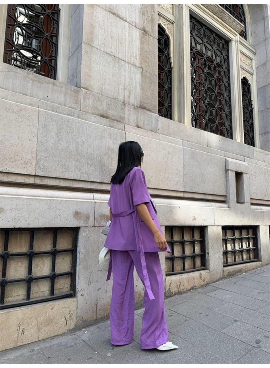 KISA KOL BAĞLAMA DETAYLI CEKET-PANTOLON TAKIM - Mor