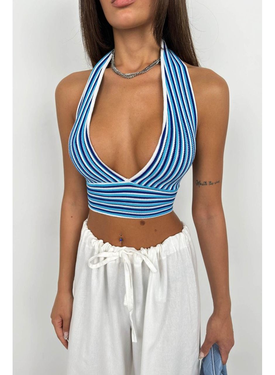 Çizgili Boyun Bağlamalı Crop