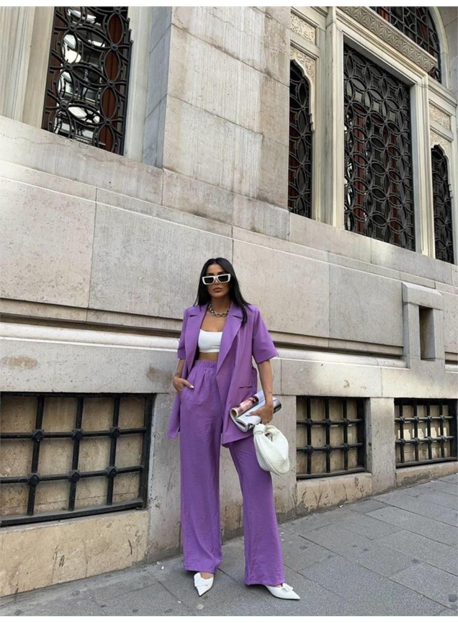KISA KOL BAĞLAMA DETAYLI CEKET-PANTOLON TAKIM - Mor