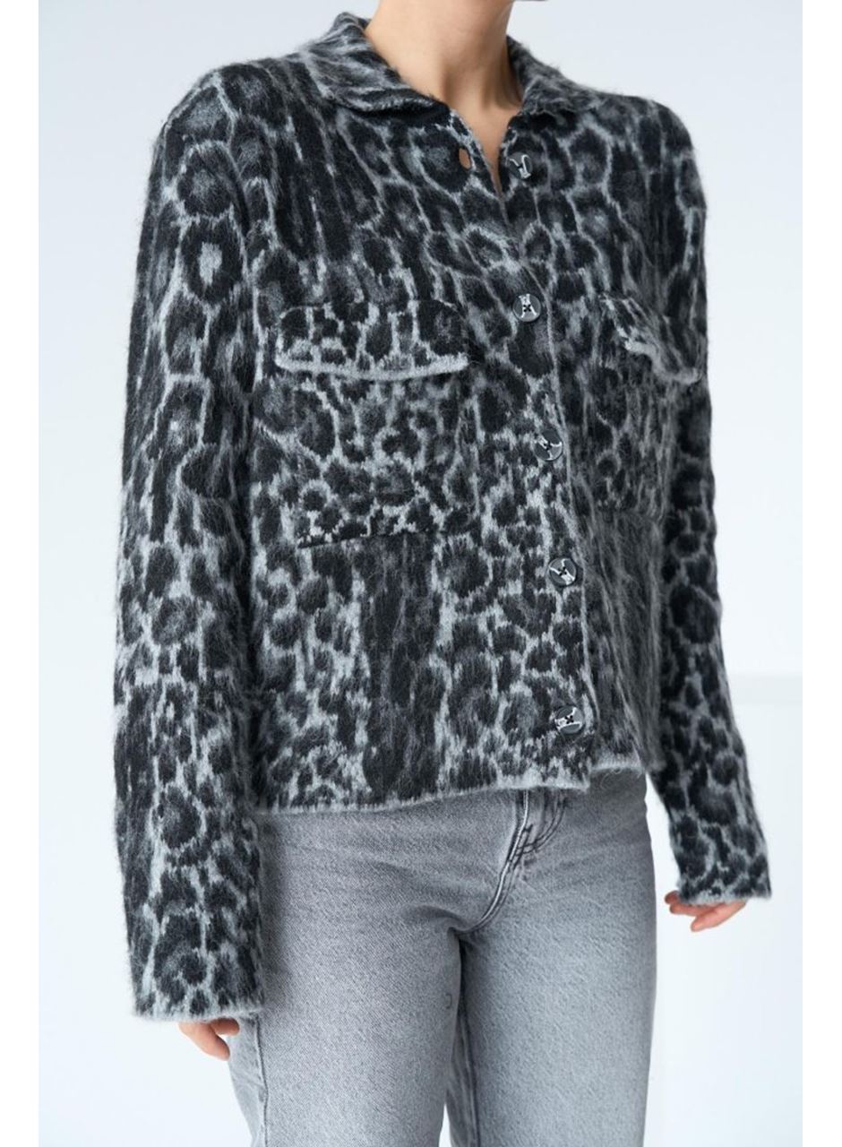 Leopar Desen Jakarlı Hırka - Siyah-Açık Gri