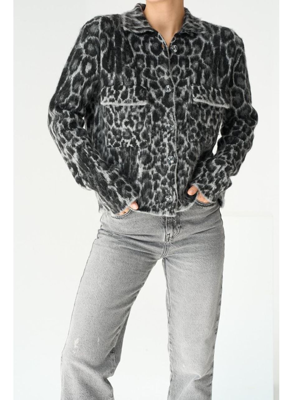 Leopar Desen Jakarlı Hırka - Siyah-Açık Gri