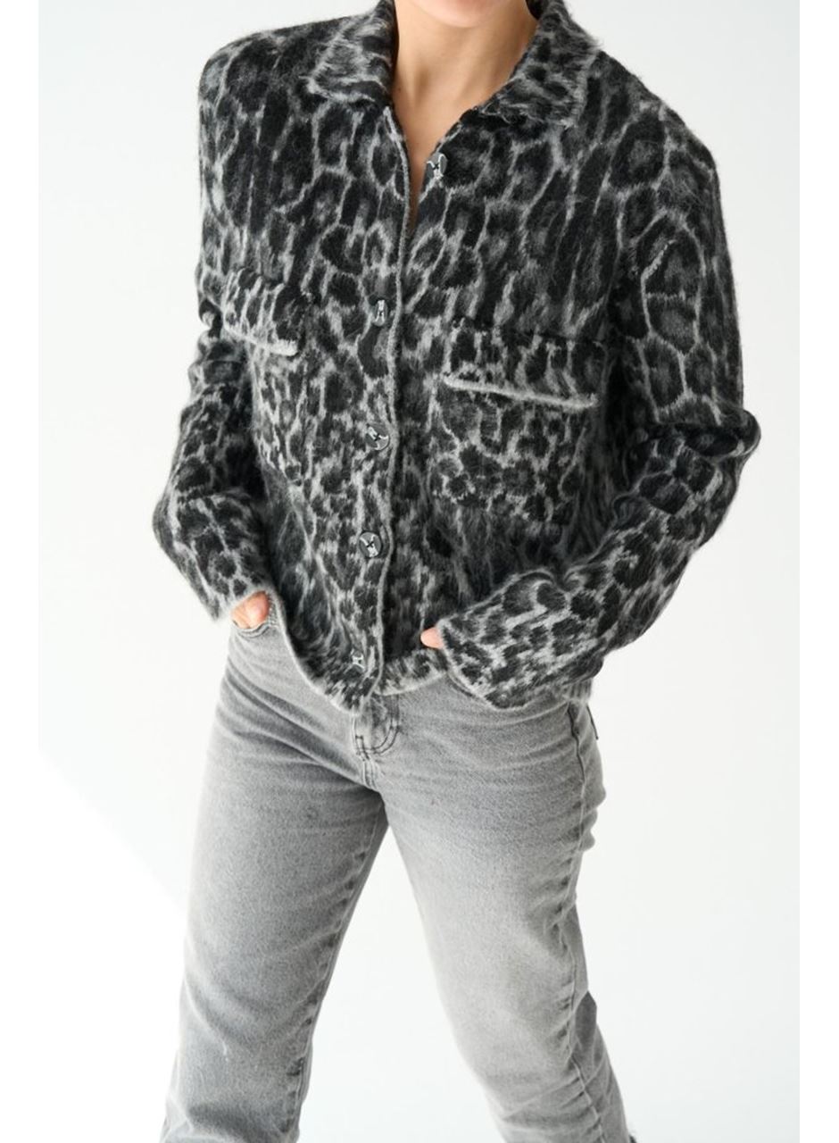 Leopar Desen Jakarlı Hırka - Siyah-Açık Gri