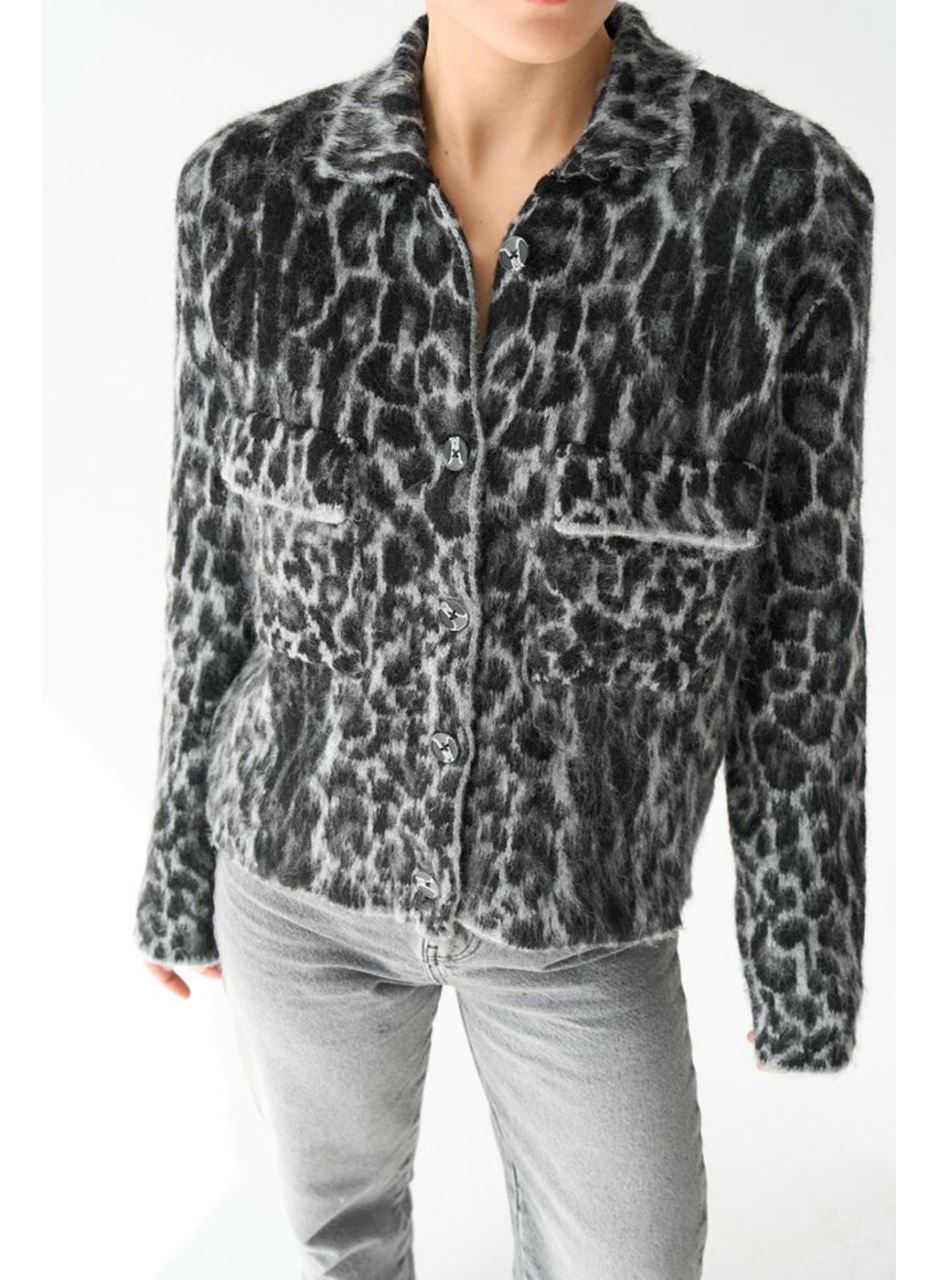 Leopar Desen Jakarlı Hırka - Siyah-Açık Gri