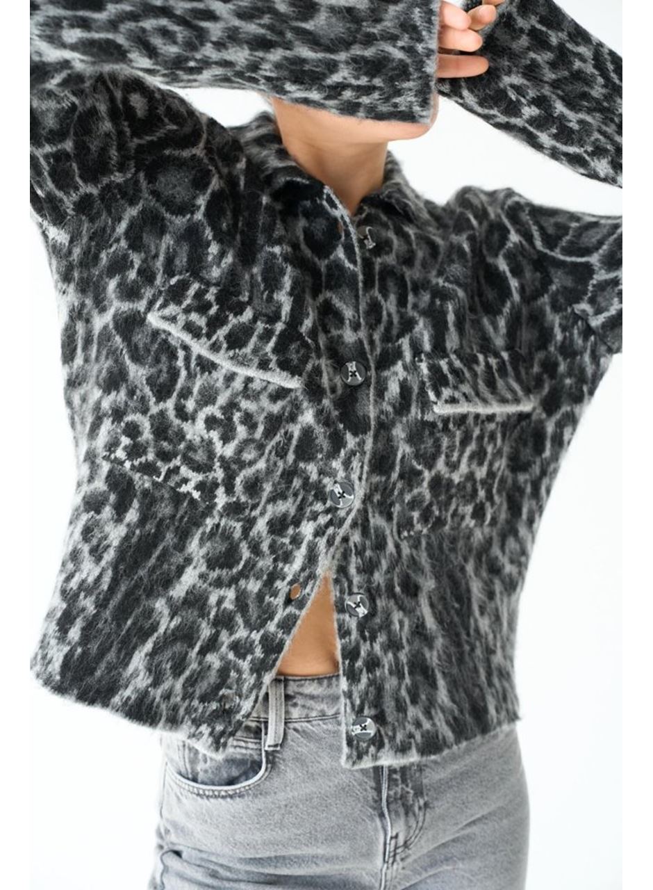 Leopar Desen Jakarlı Hırka - Siyah-Açık Gri