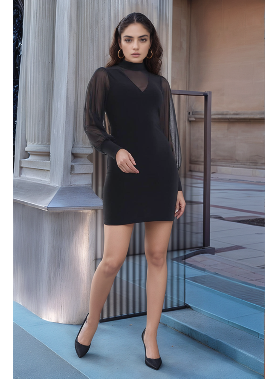 Kadın Balıkçı Yaka Transparan Detay Fırsat ürün Sandy Kumaş Mini Elbise