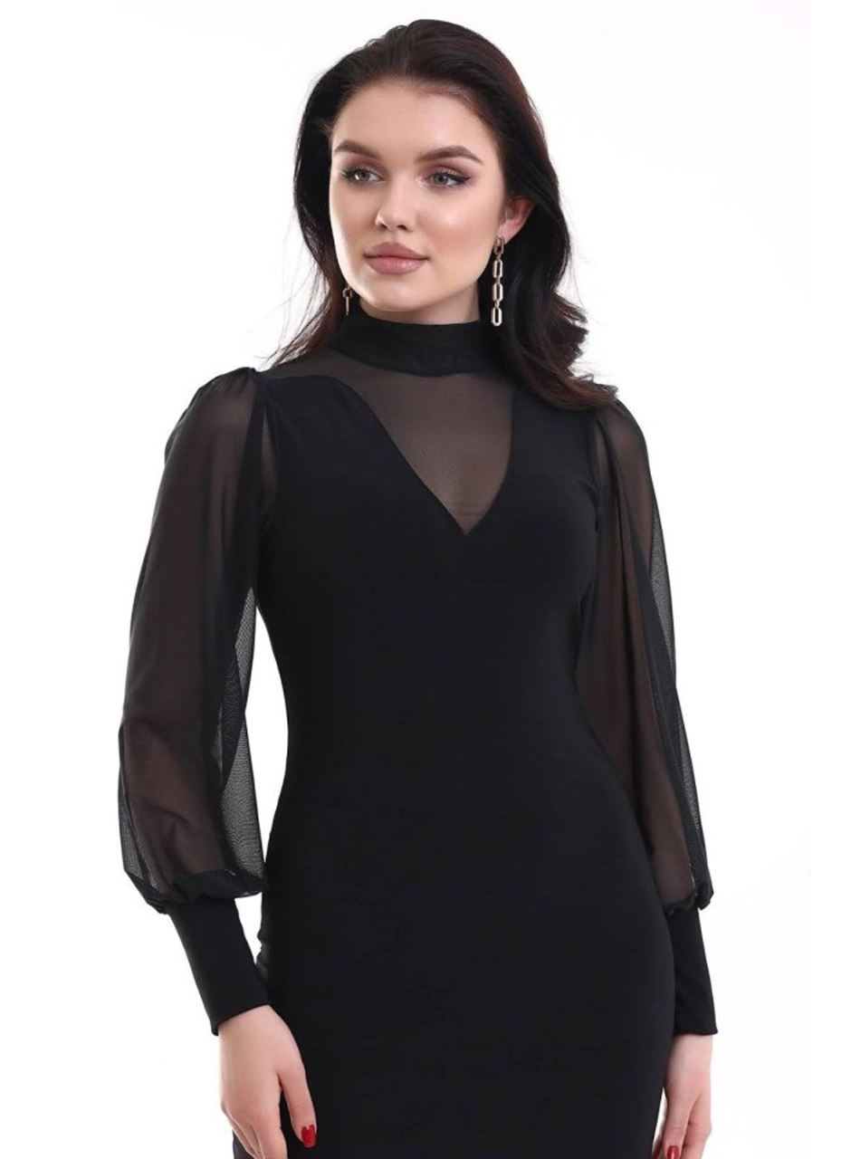 Kadın Balıkçı Yaka Transparan Detay Fırsat ürün Sandy Kumaş Mini Elbise