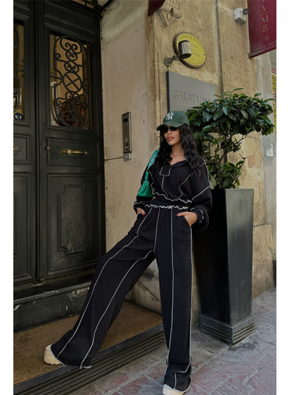 BİYELİ BLUZ PANTOLON TAKIM ŞÖNİL KUMAŞ - Siyah