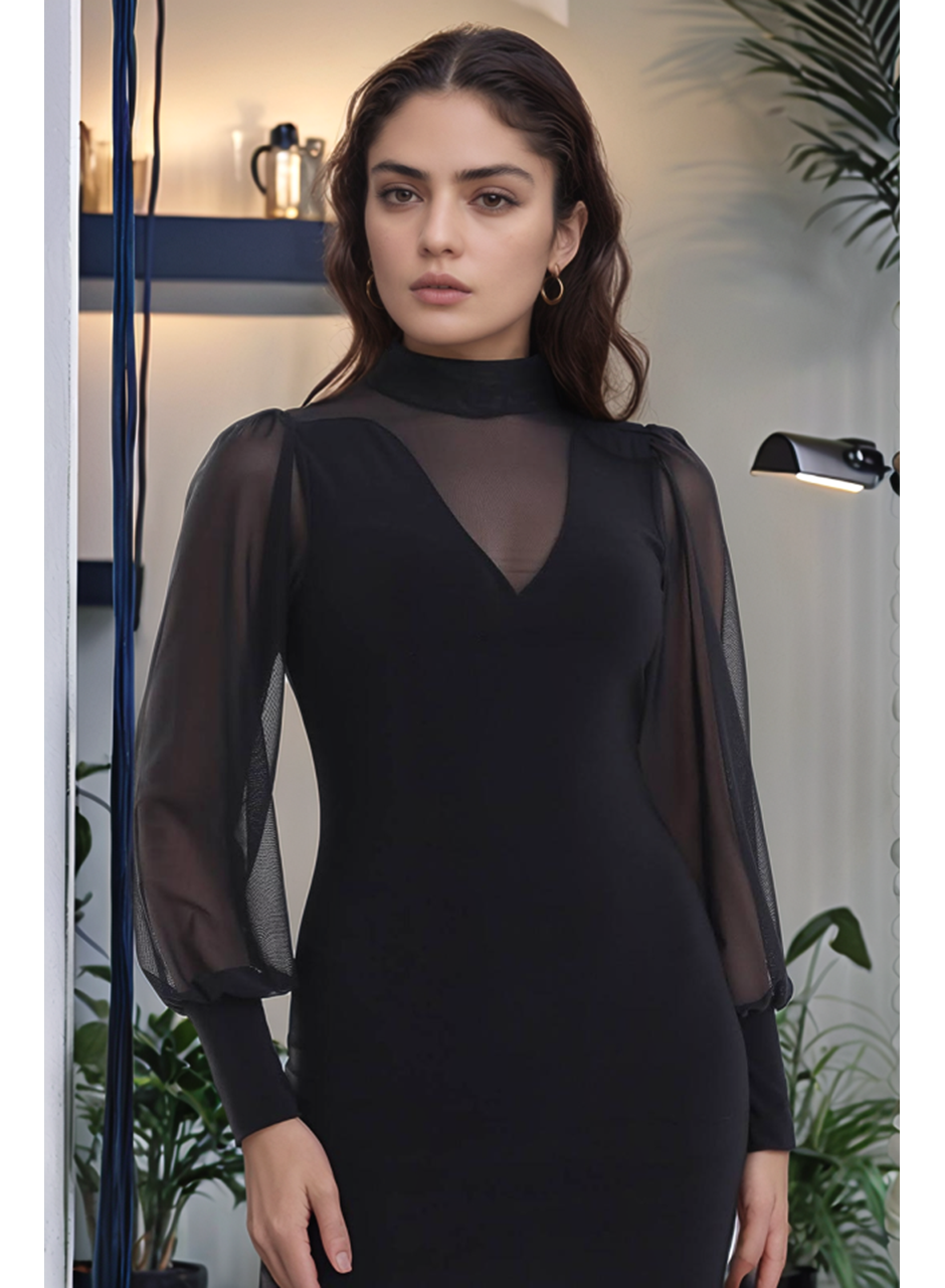 Kadın Balıkçı Yaka Transparan Detay Fırsat ürün Sandy Kumaş Mini Elbise