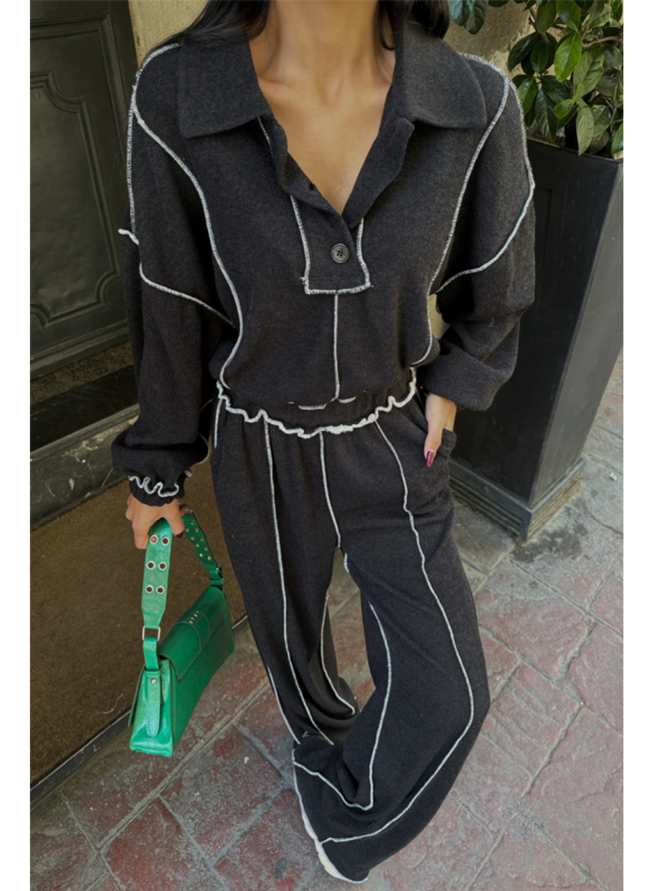 BİYELİ BLUZ PANTOLON TAKIM ŞÖNİL KUMAŞ - Siyah