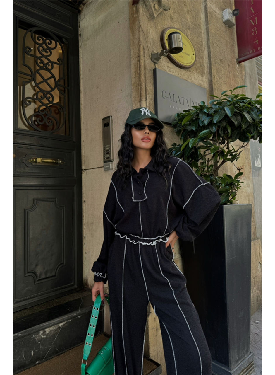 BİYELİ BLUZ PANTOLON TAKIM ŞÖNİL KUMAŞ - Siyah