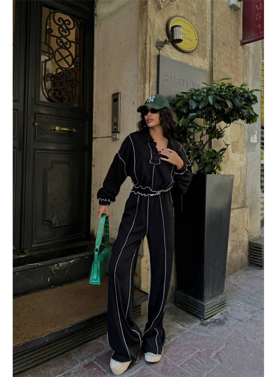 BİYELİ BLUZ PANTOLON TAKIM ŞÖNİL KUMAŞ - Siyah