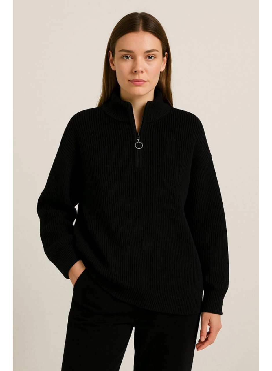 KADIN Yarım Fermuarlı Triko Kazak – Selanik Örgü, Dik Yaka, Pamuklu Dokuma, Oversize Uzun Kollu Kışlık Model - Siyah