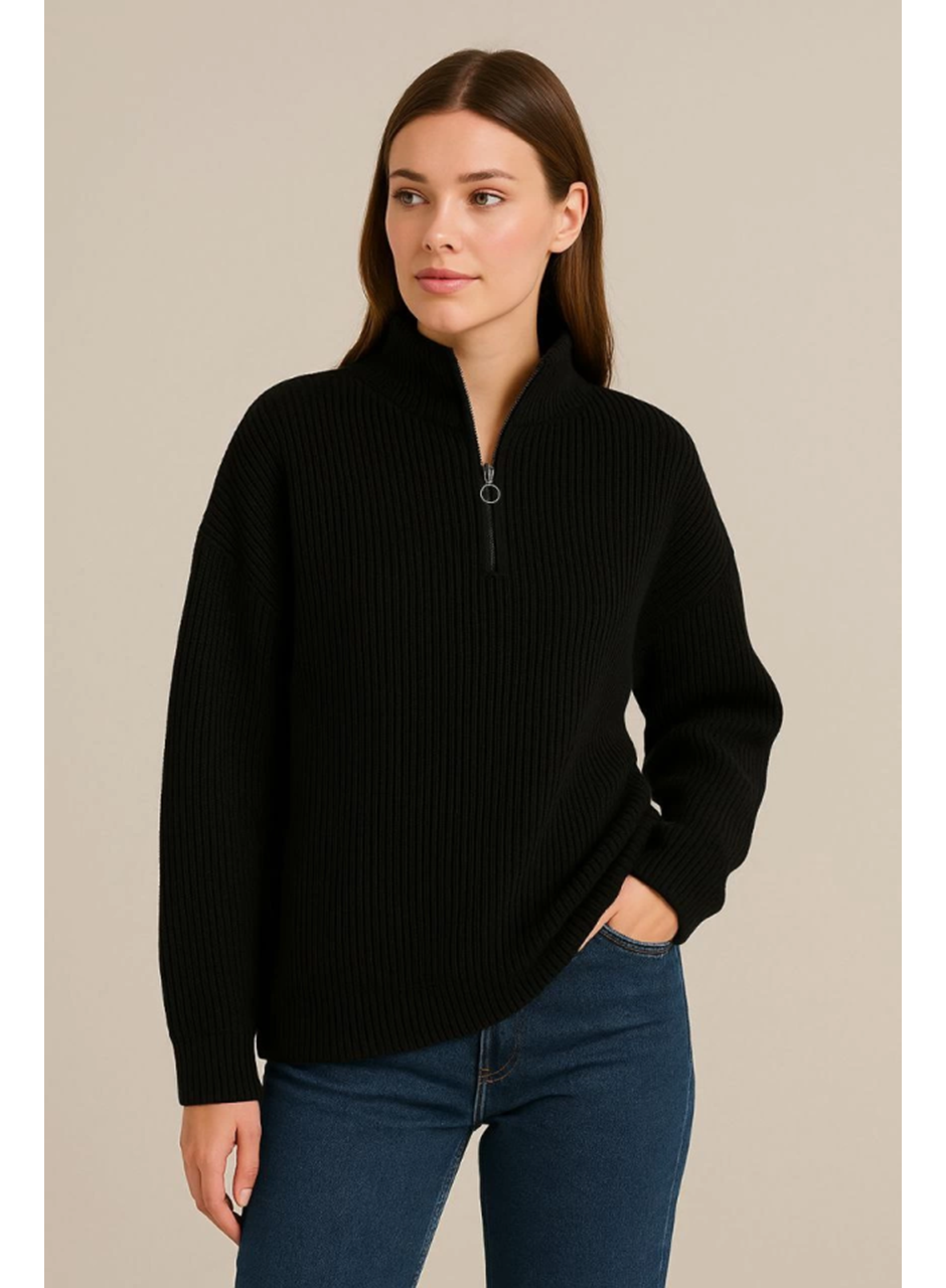 KADIN Yarım Fermuarlı Triko Kazak – Selanik Örgü, Dik Yaka, Pamuklu Dokuma, Oversize Uzun Kollu Kışlık Model - Siyah