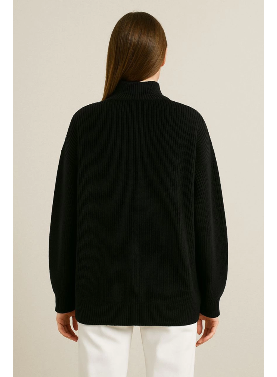 KADIN Yarım Fermuarlı Triko Kazak – Selanik Örgü, Dik Yaka, Pamuklu Dokuma, Oversize Uzun Kollu Kışlık Model - Siyah