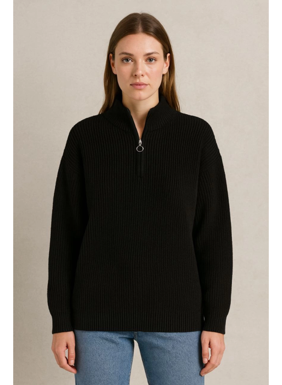 KADIN Yarım Fermuarlı Triko Kazak – Selanik Örgü, Dik Yaka, Pamuklu Dokuma, Oversize Uzun Kollu Kışlık Model - Siyah