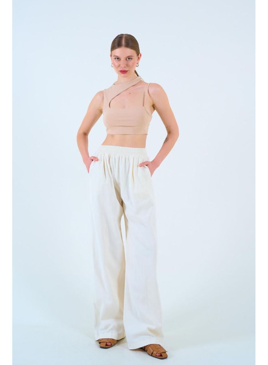 Beli Lastikli Palazo Pantolon - Taş