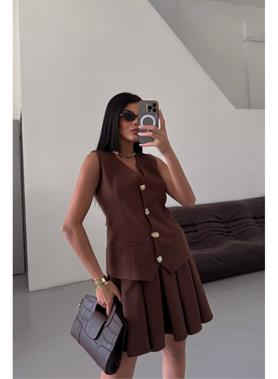 YELEK - PİLELİ ETEK GÖRÜNÜMLÜ ELBİSE - Kahverengi