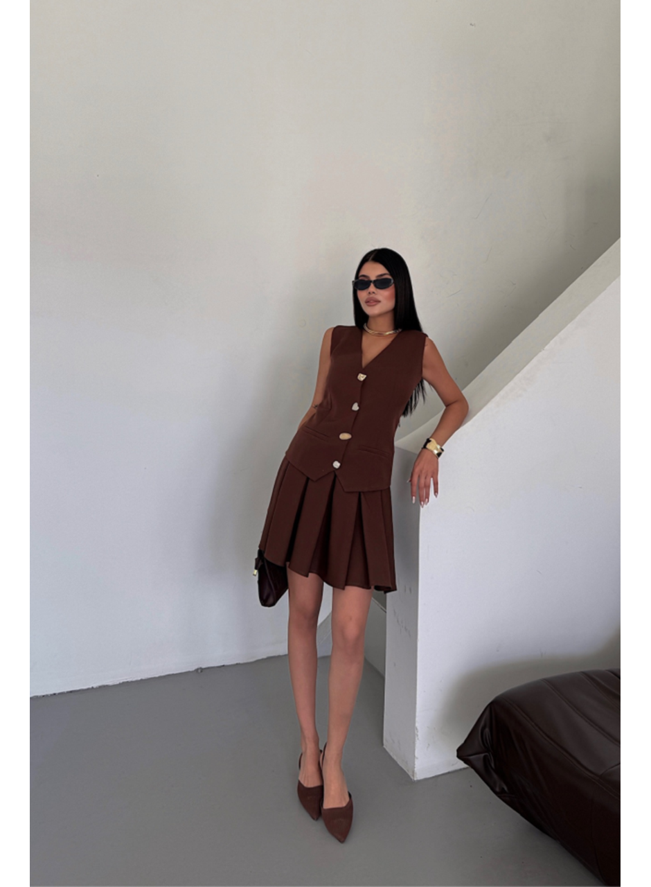 YELEK - PİLELİ ETEK GÖRÜNÜMLÜ ELBİSE - Kahverengi