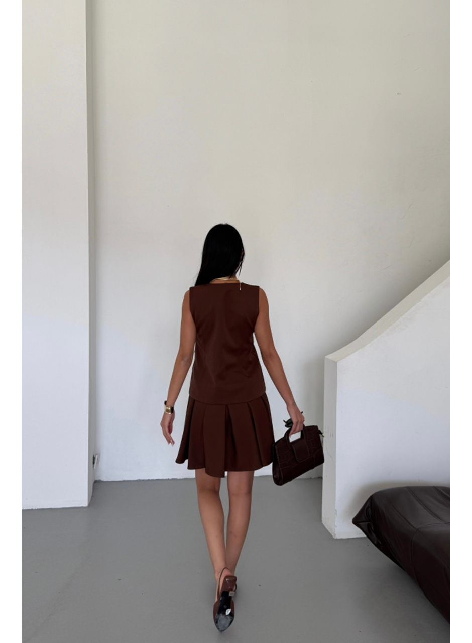 YELEK - PİLELİ ETEK GÖRÜNÜMLÜ ELBİSE - Kahverengi