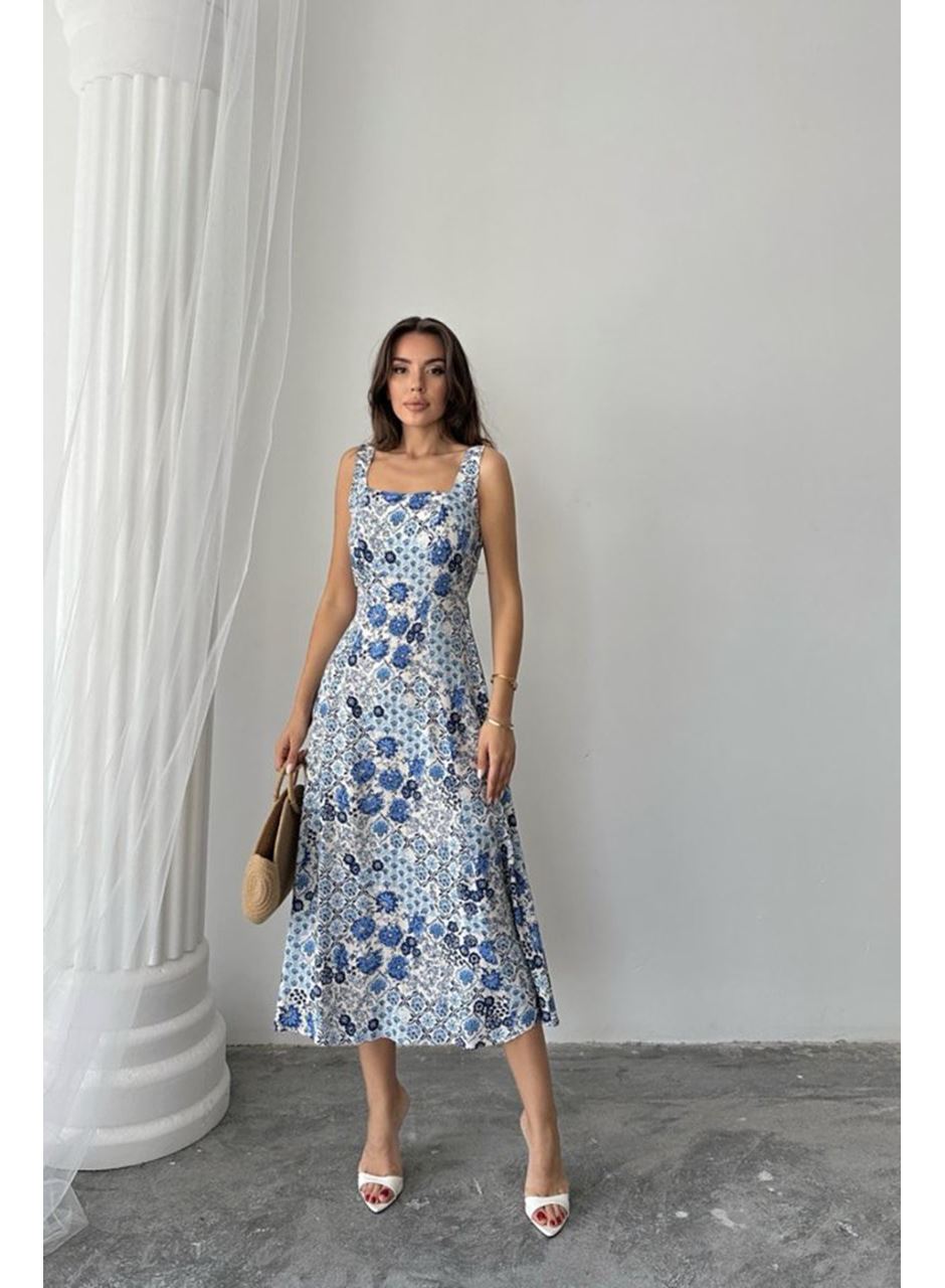 Mavi Çiçekli Viskon Elbise