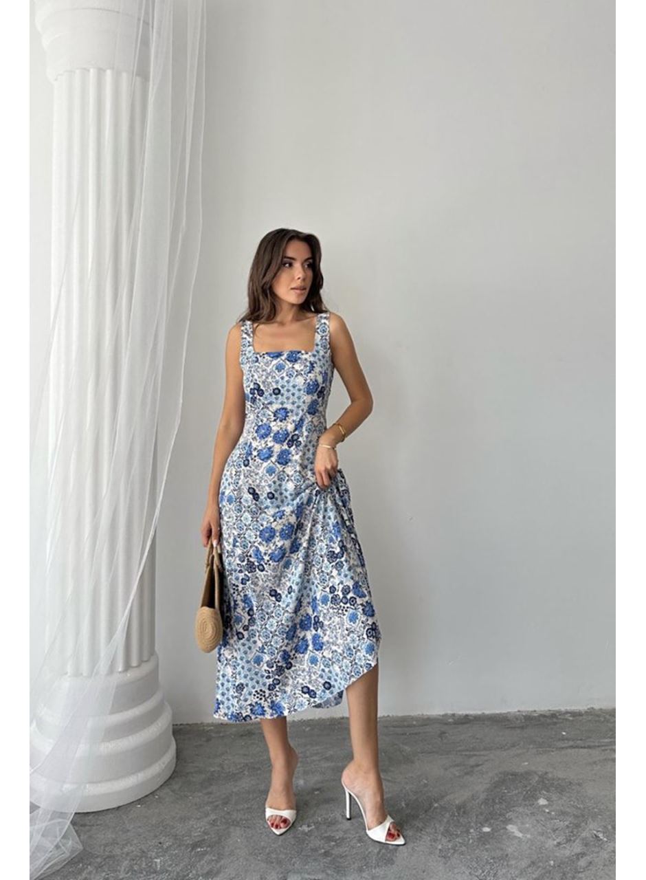 Mavi Çiçekli Viskon Elbise
