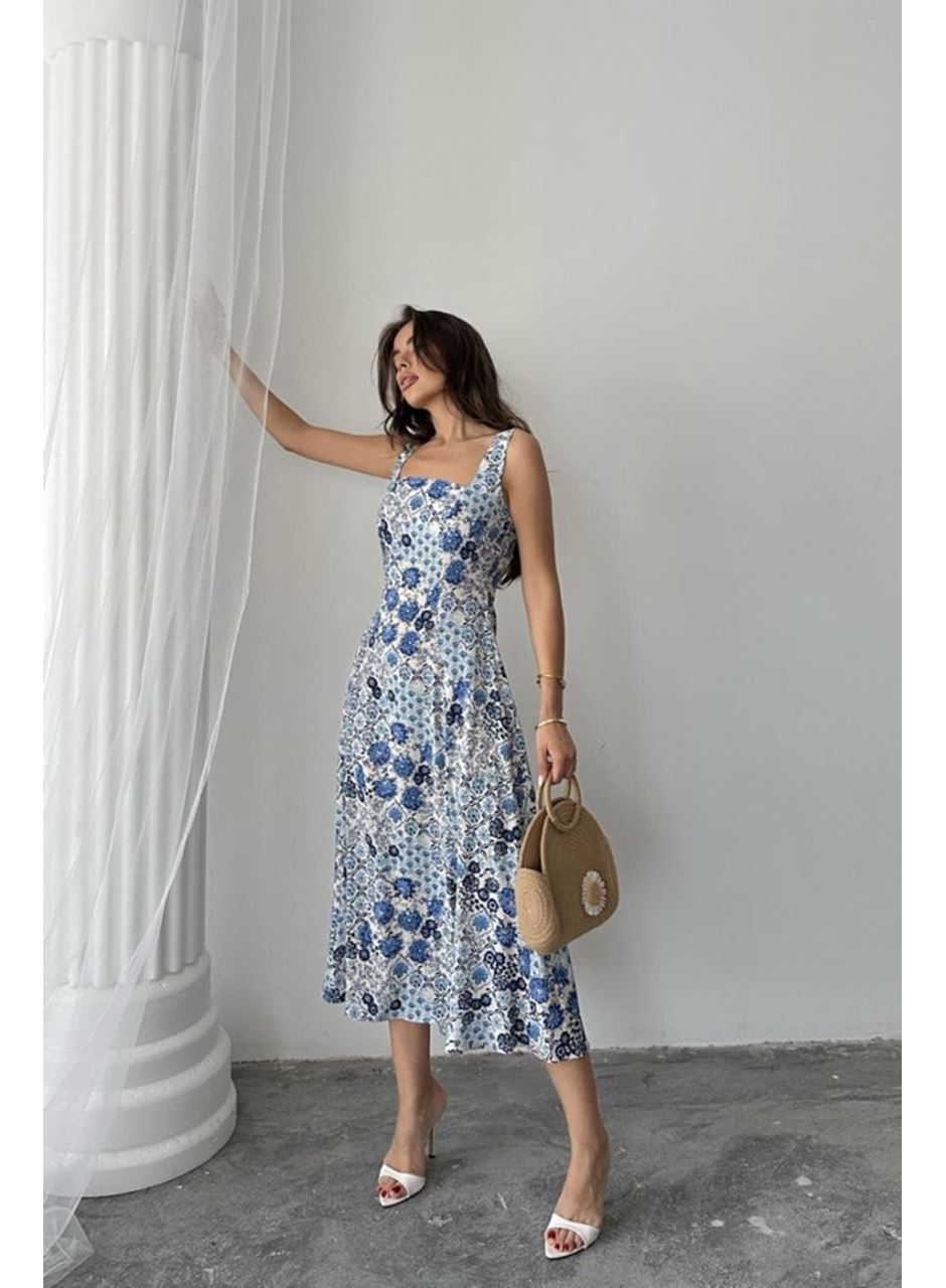 Mavi Çiçekli Viskon Elbise