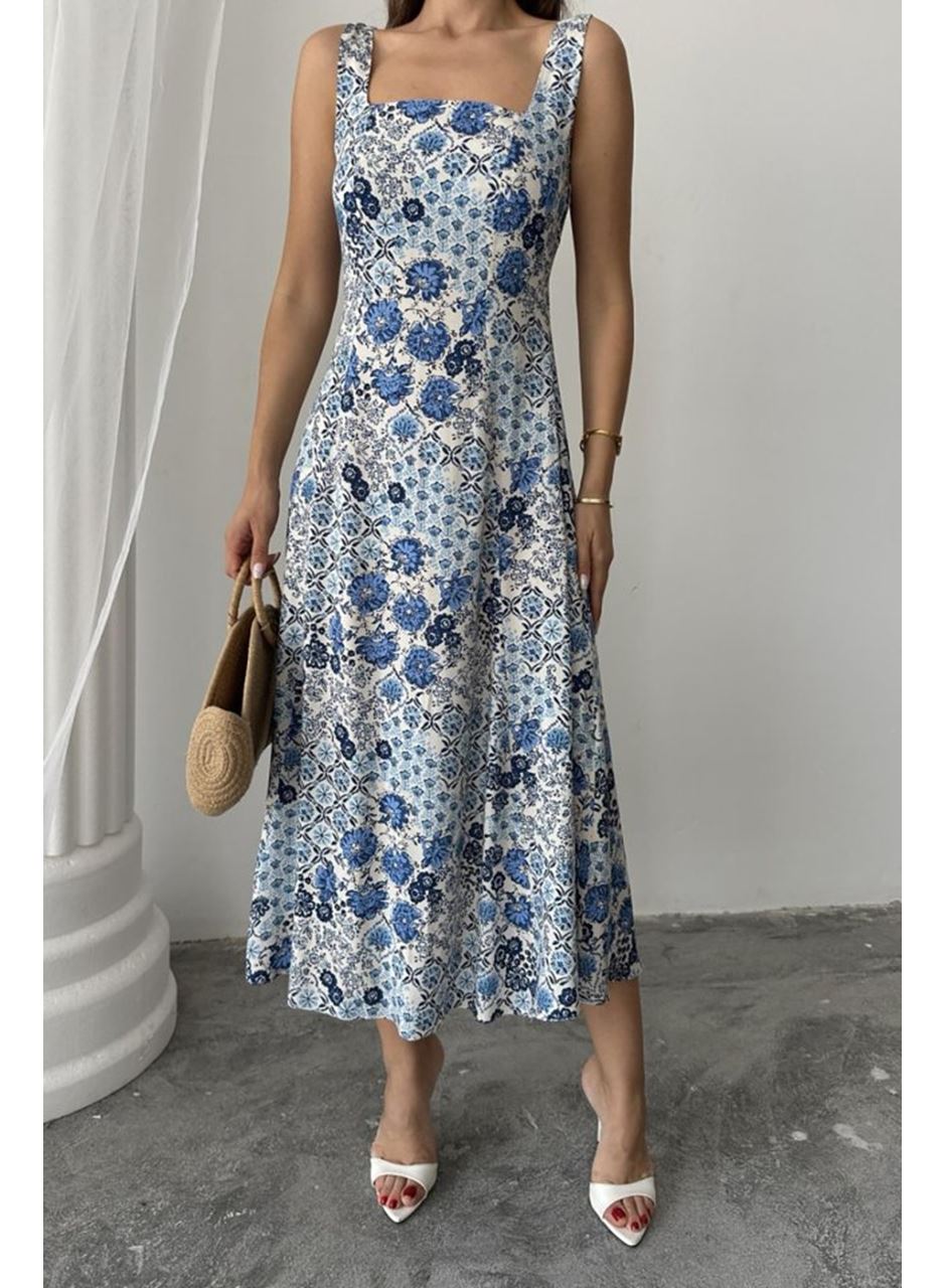 Mavi Çiçekli Viskon Elbise